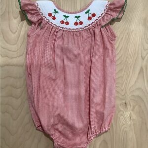 Red Gingham Baby Romper with Cherry Embroidery